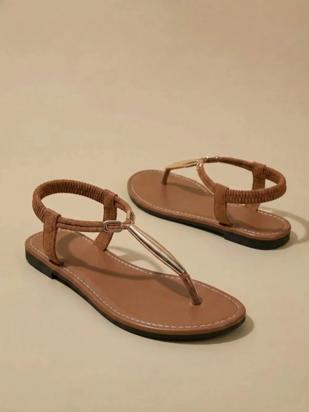 Cognac Brown T-Strap Flat Sandals with Gold Toe Bar